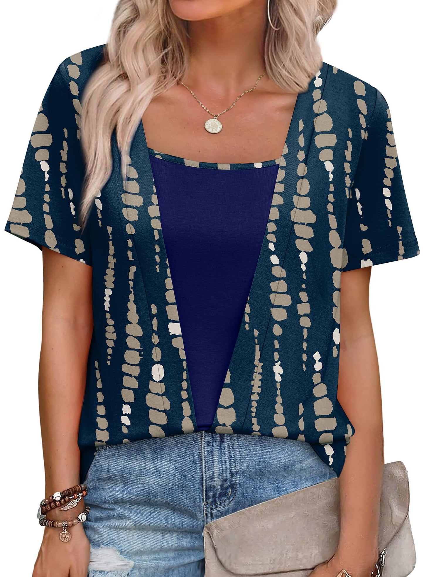Womens Trendy 2 in 1 Blouses Short Sleeve Shirts Casual Beach Vacation Clothes