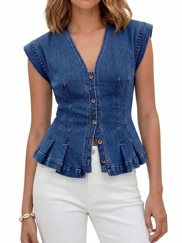 Women's Y2K V-Neck Pleated Denim Sleeveless Vest