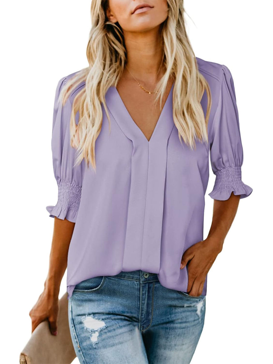 ✨Women's V Neck Dressy Puff Ruffle Blouse Casua Short Sleeve Tops
