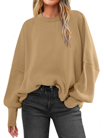 Women Oversized Side Slit Ribbed Knit Pullover Sweaters Top