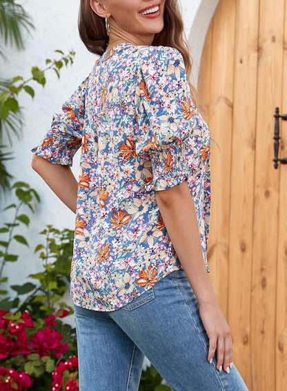✨Floral V-Neck Puff Sleeve Blouse