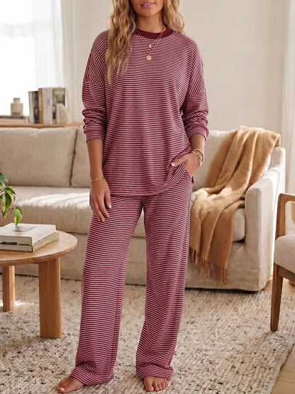 Striped Crew Neck Split Hem Top & Pants Two Piece Set