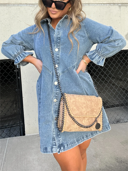 ⏰Hot Sale-Washed Denim Puff Sleeve Dress