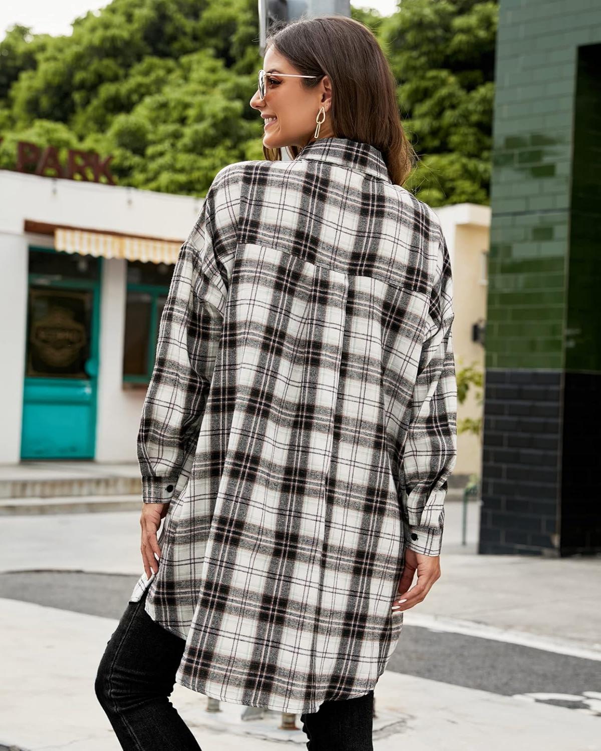 ✨Women's Button Down Flannel Shirts Plaid Shacket  Collared Long Jacket Coats