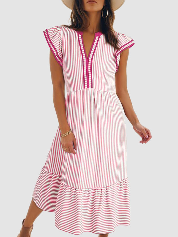 Womens V-Neck Ruffle Striped Beach Midi Maxi Dress with Pockets