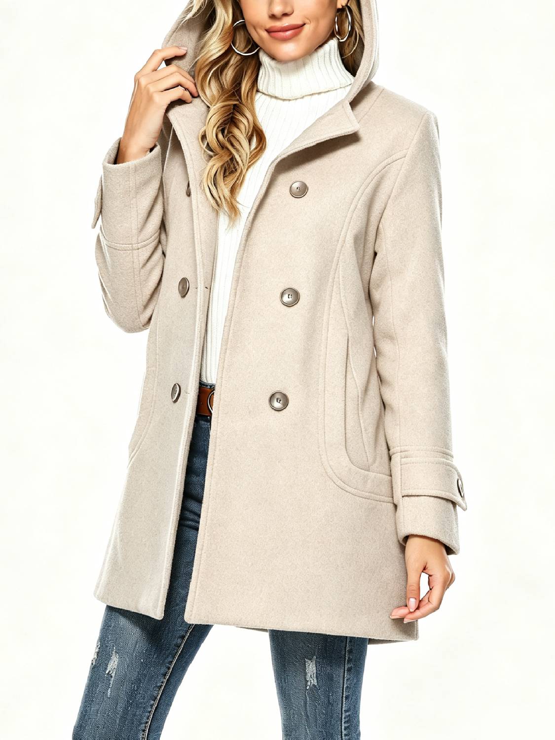 Women's Hooded Wool Blend Coat Mid Long Peacoats