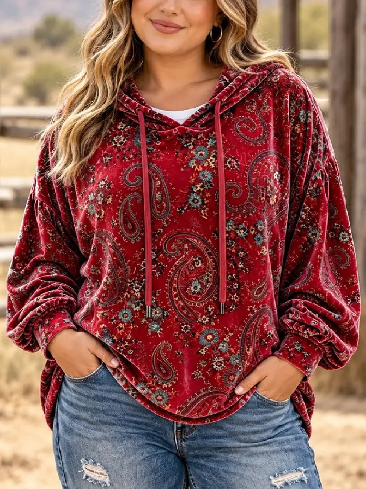 Vintage Paisley Print Velvet Hoodie Top