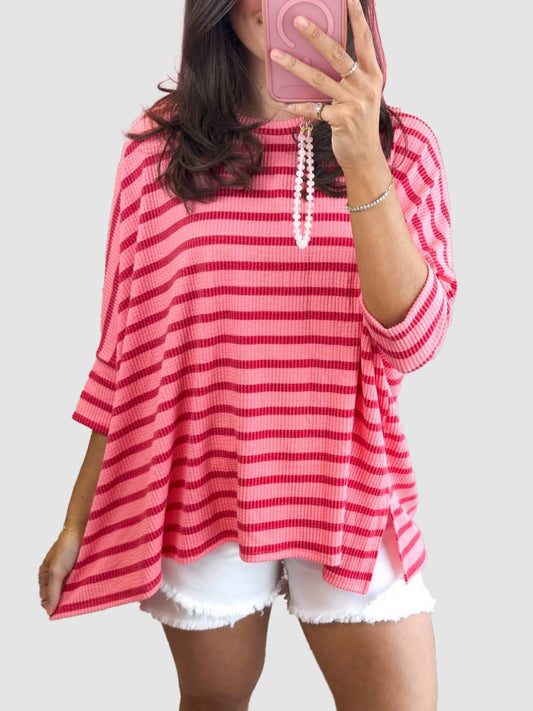 Women's Striped Ribbed Oversized 3/4 Sleeve Top