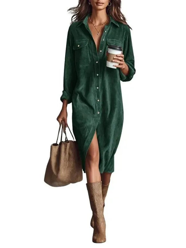 ⏰Hot Sale-Women’s Fall Lapel Corduroy Button Down Shirt Dress
