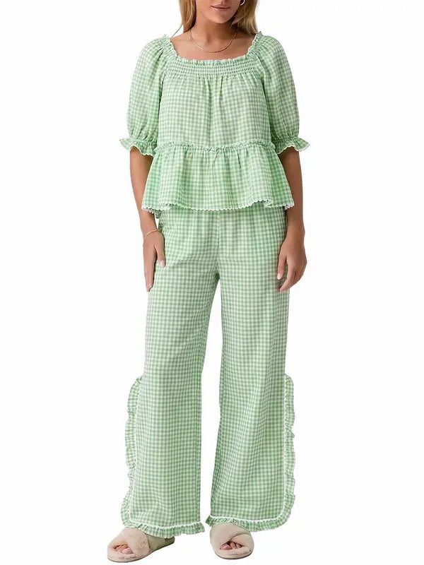 ✨Women's Christmas Plaid Ruffle Puff Sleeve Pajamas Set