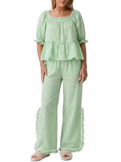 ✨Women's Christmas Plaid Ruffle Puff Sleeve Pajamas Set