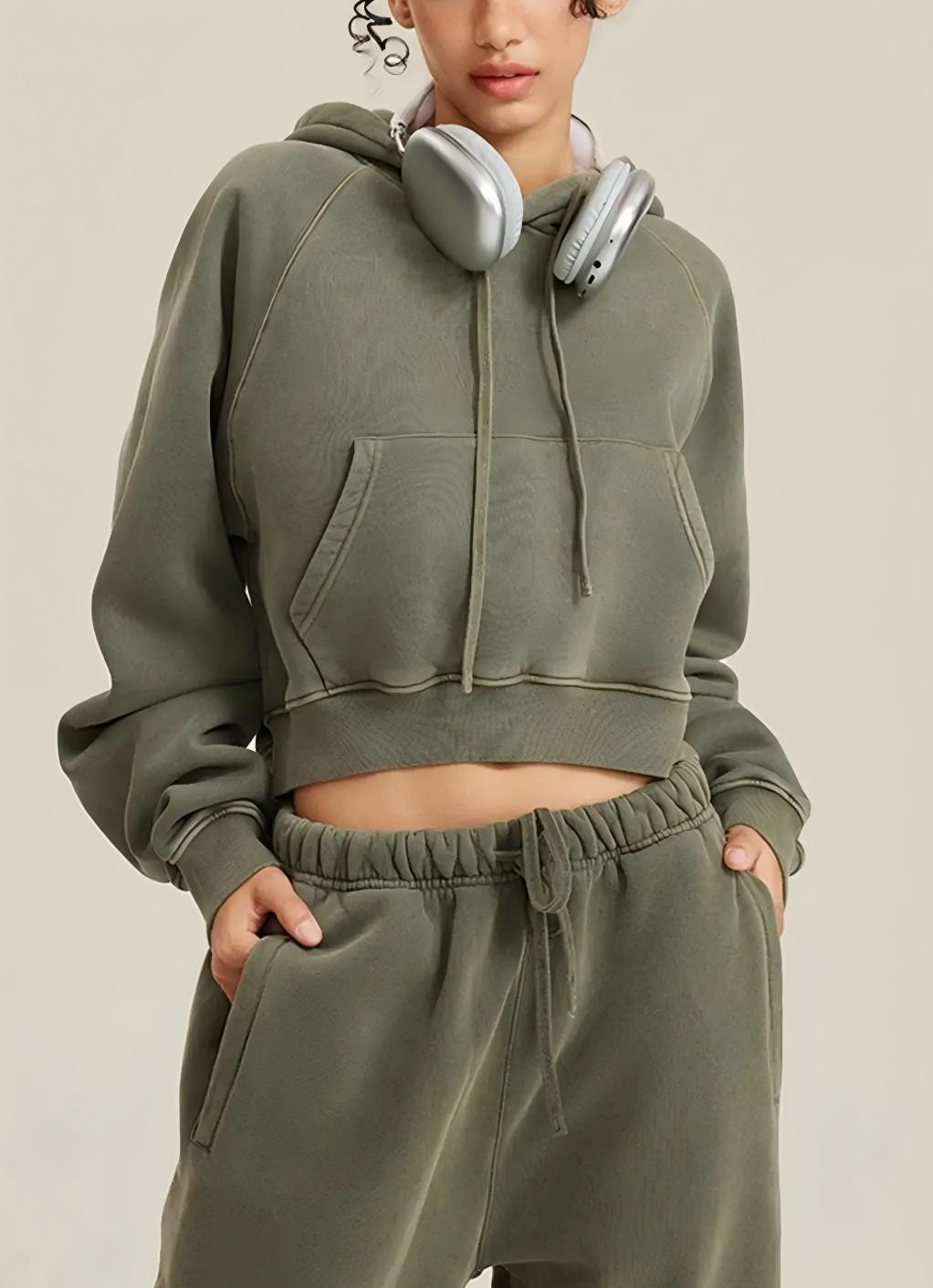 Retro Washed Drawstring Cropped Hooded Sweatshirt