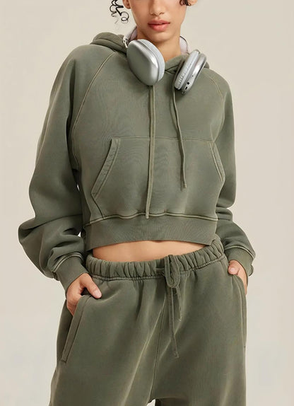 Retro Washed Drawstring Cropped Hooded Sweatshirt