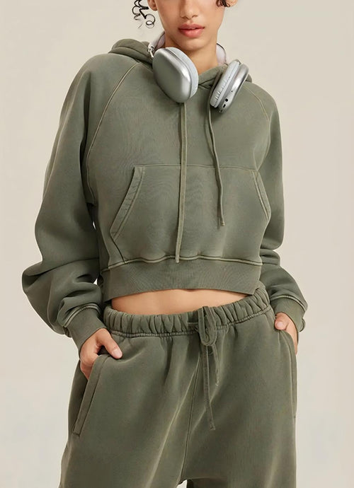 Retro Washed Drawstring Cropped Hooded Sweatshirt
