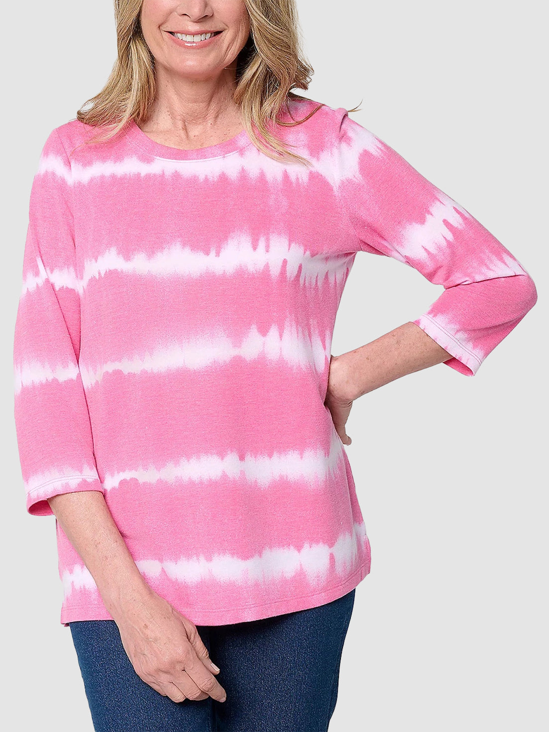 Women's Tie-Dye Stripe 3/4 Sleeve Crew Neck Top