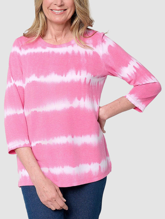 Women's Tie-Dye Stripe 3/4 Sleeve Crew Neck Top
