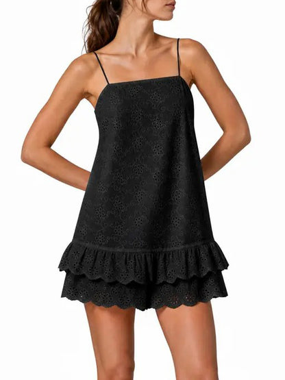 Women Boho Eyelet Embroidery Spaghetti Strap Ruffled Hem Mini Romper