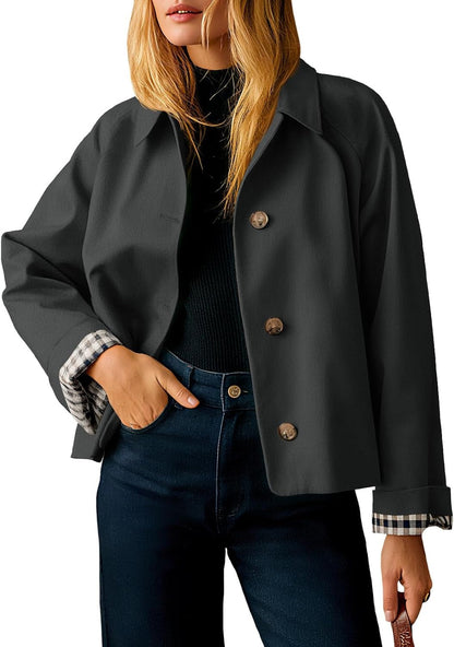 Womens Cropped Trench Coat Lightweight  Jacket Fall Windbreaker  Outerwear