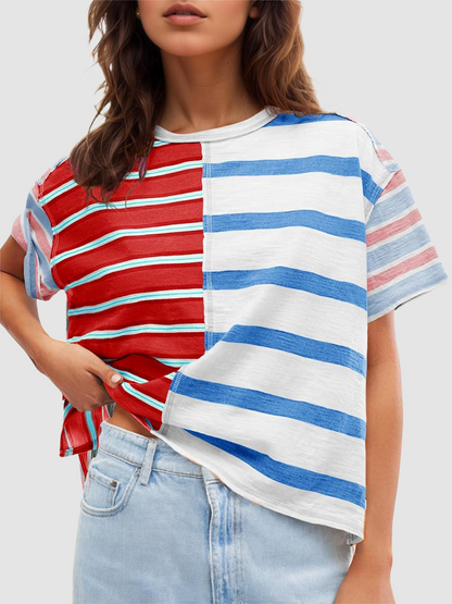 Women's Color Block Striped Crew Neck Short Sleeve T-Shirt