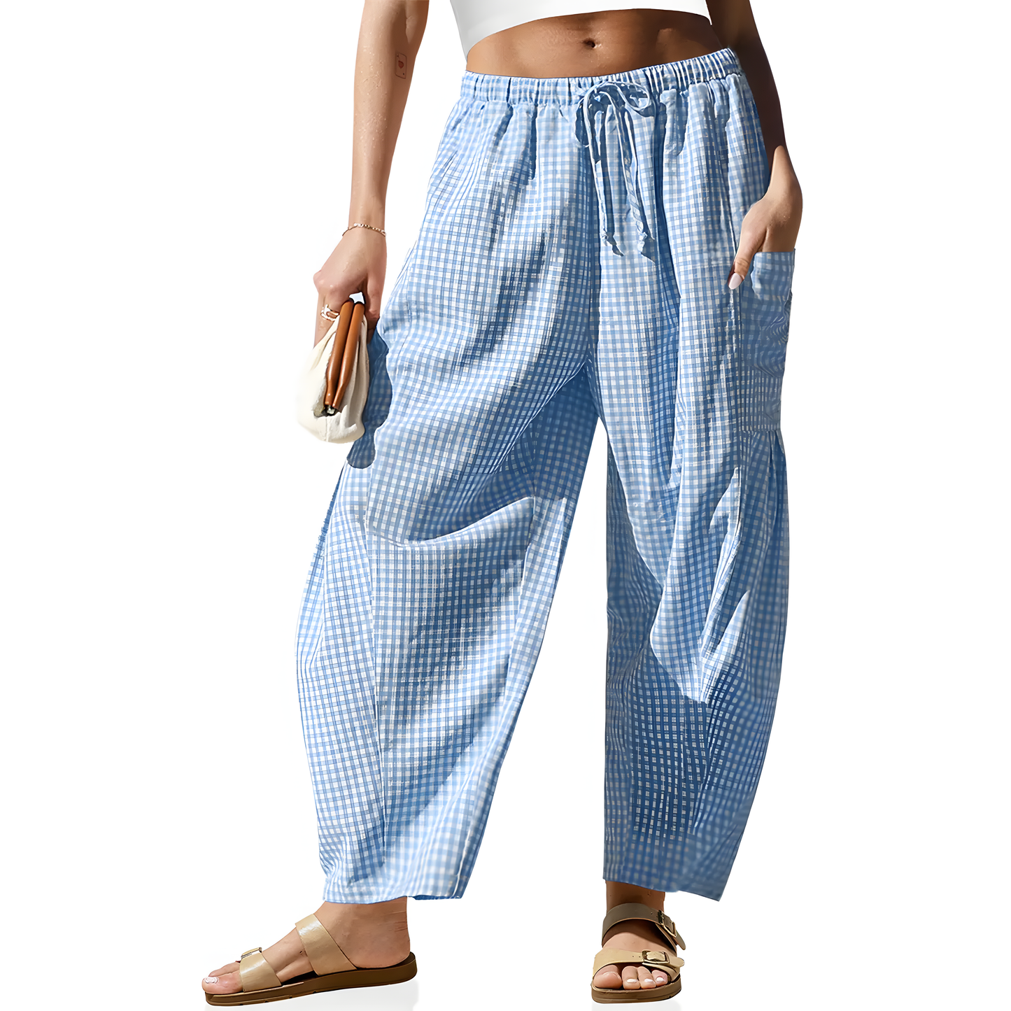 Gingham Drawstring Barrel Wide Leg Pants