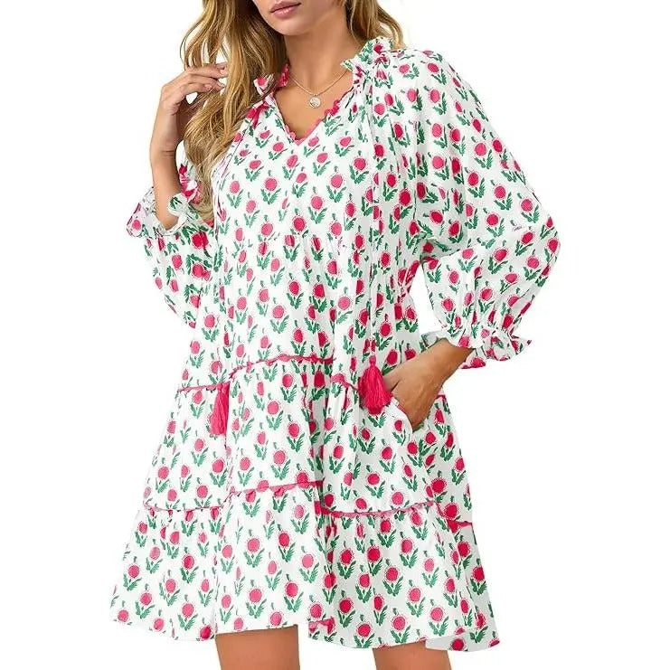 Women's Casual Floral Ruffle V-Neck Mini Dress with Pockets