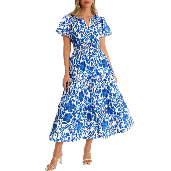 Women‘s Summer Short Sleeve Maxi Dresses Casual Floral