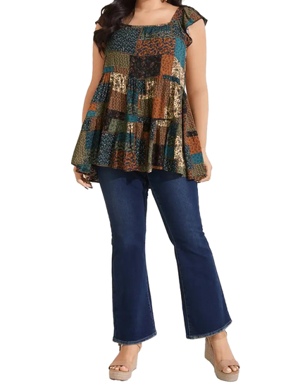 Women Plus Size Square Neck Sleeveless Floral Plaid Patchwork Boho Tunic Tank Top