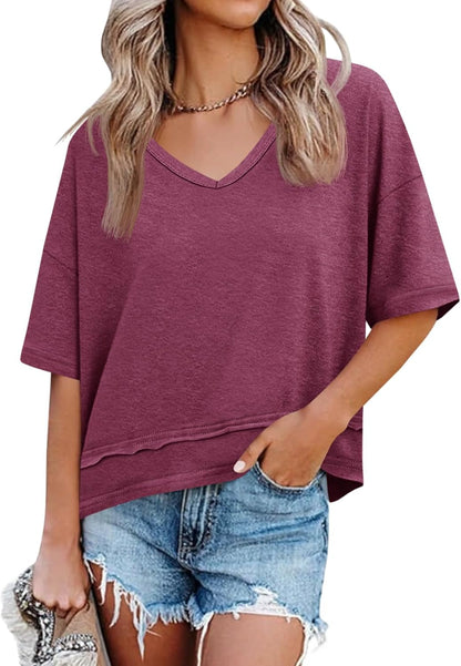Women's V-Neck Spliced Hem Casual Top