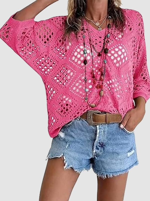 Women Multi-Wear Boho Hollow Crochet V Neck Three Quarter Sleeve Casual Daily Tops