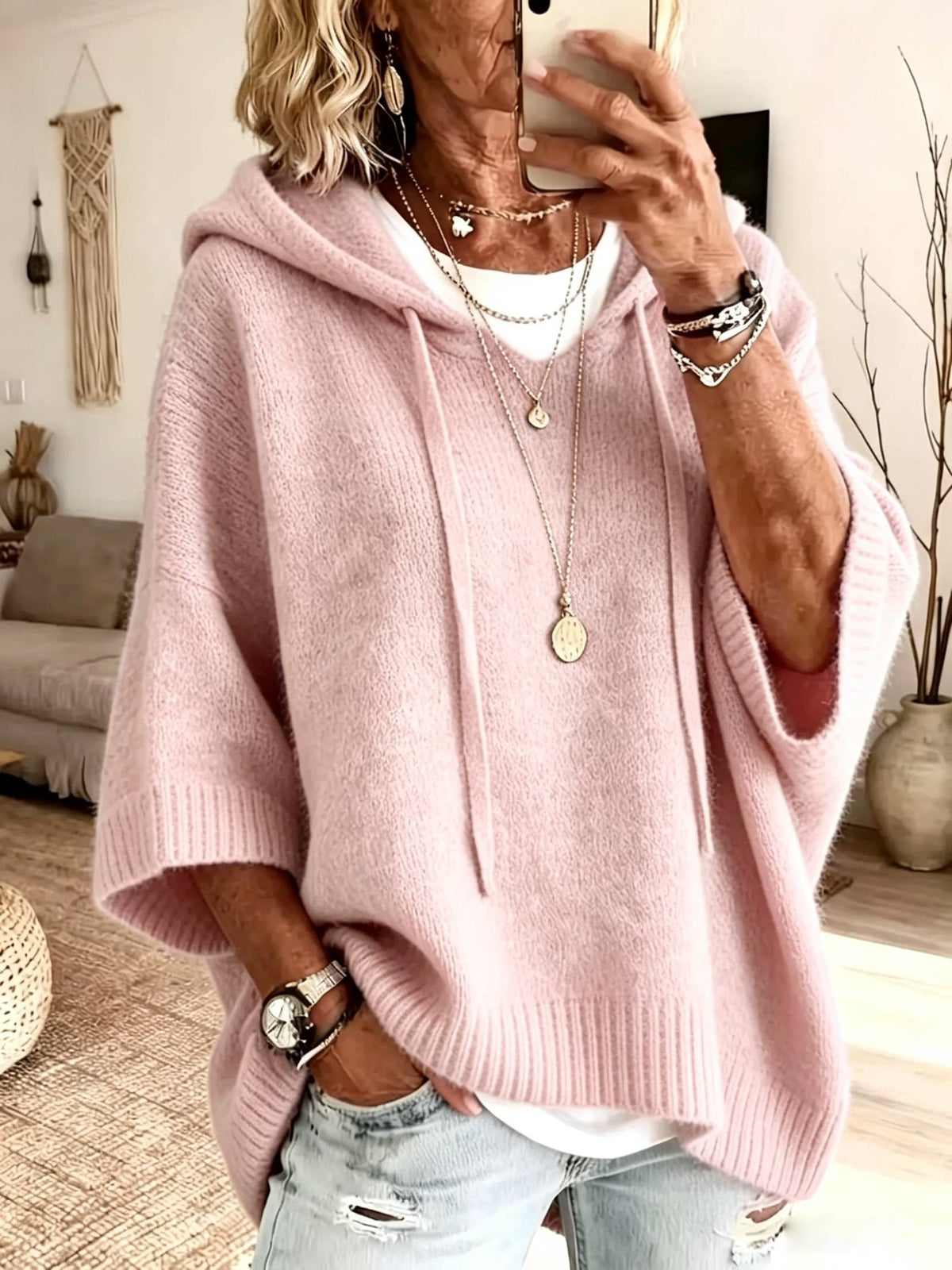Women New Loose Batwing Short‑Sleeve Hooded Drawstring Knit Sweater