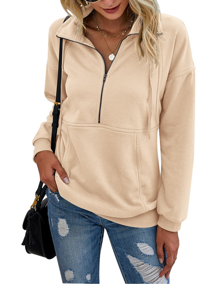 Women's Half Zip Lapel Drawstring Sweatshirt