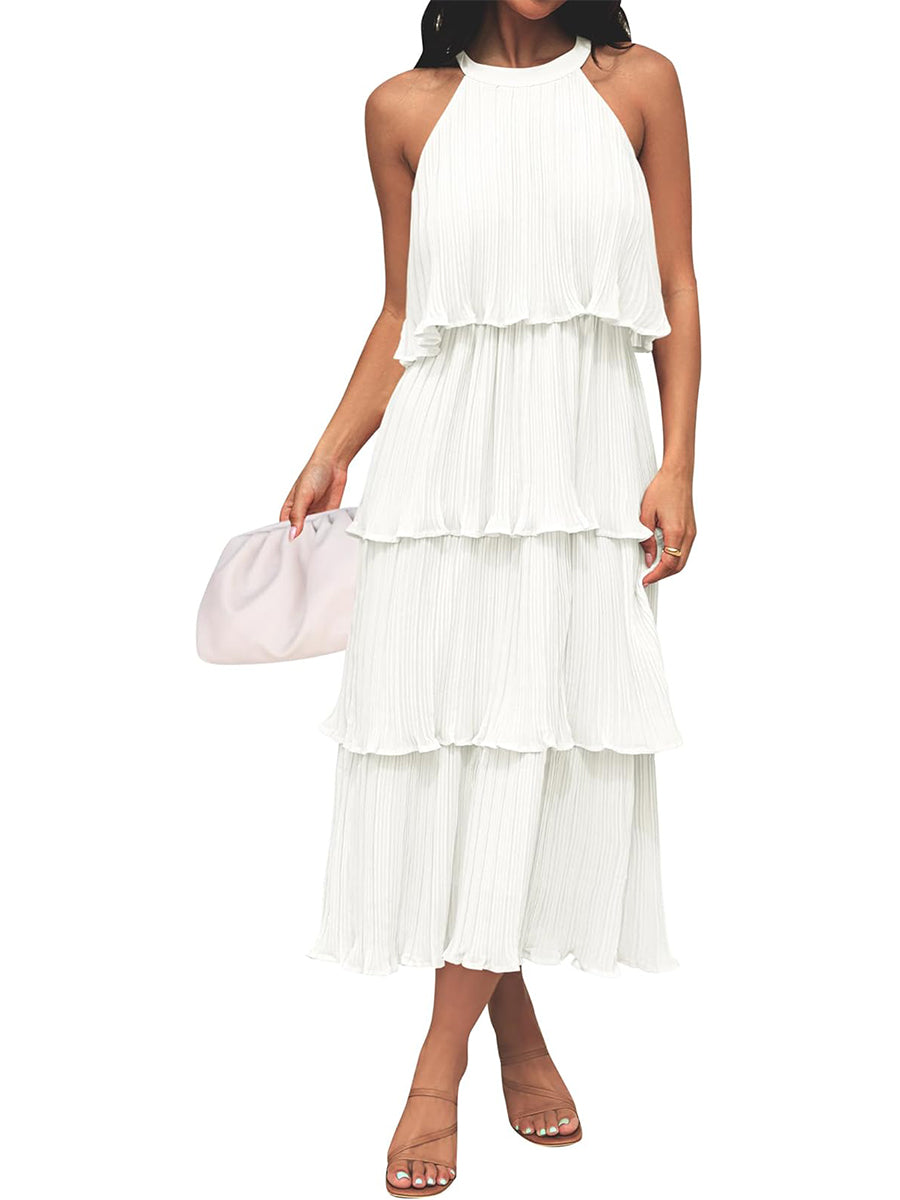 ⏰Hot Sale-Women's Summer Halter Neck Ruffle Tiered Layered Chiffon Flowy Swing Midi Dress