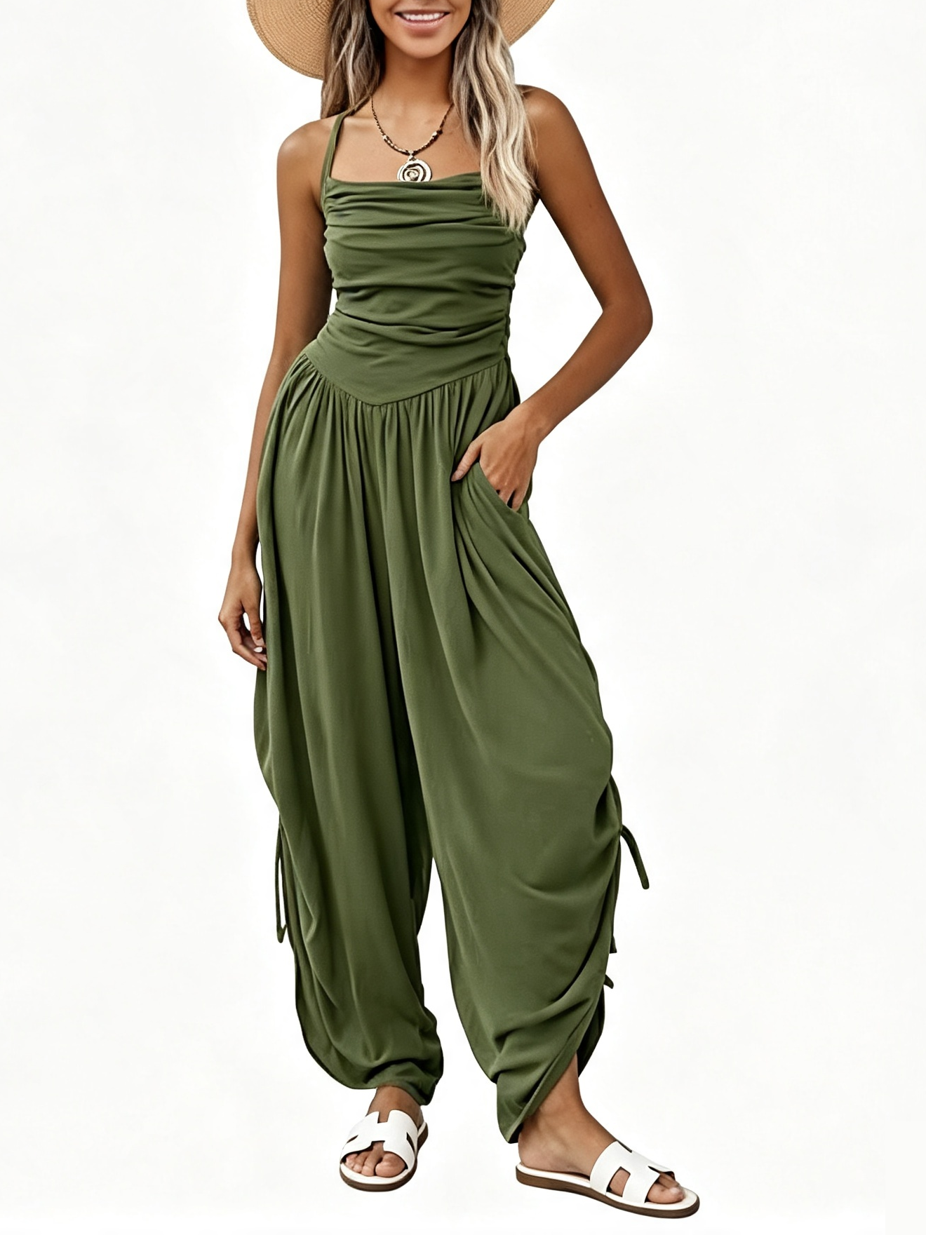 Women Halter Square Neck Sleeveless Ruched Barrel Wide Leg Side Cinch Jumpsuit