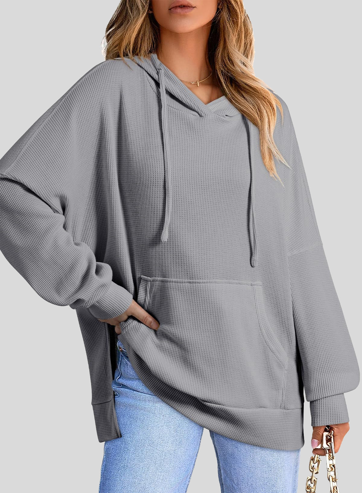 ✨Oversized Hoodies for Women Waffle Knit Drawstring Side Slit Pullover Sweatshirts with Pocket (Final Days: Big Savings!!!)
