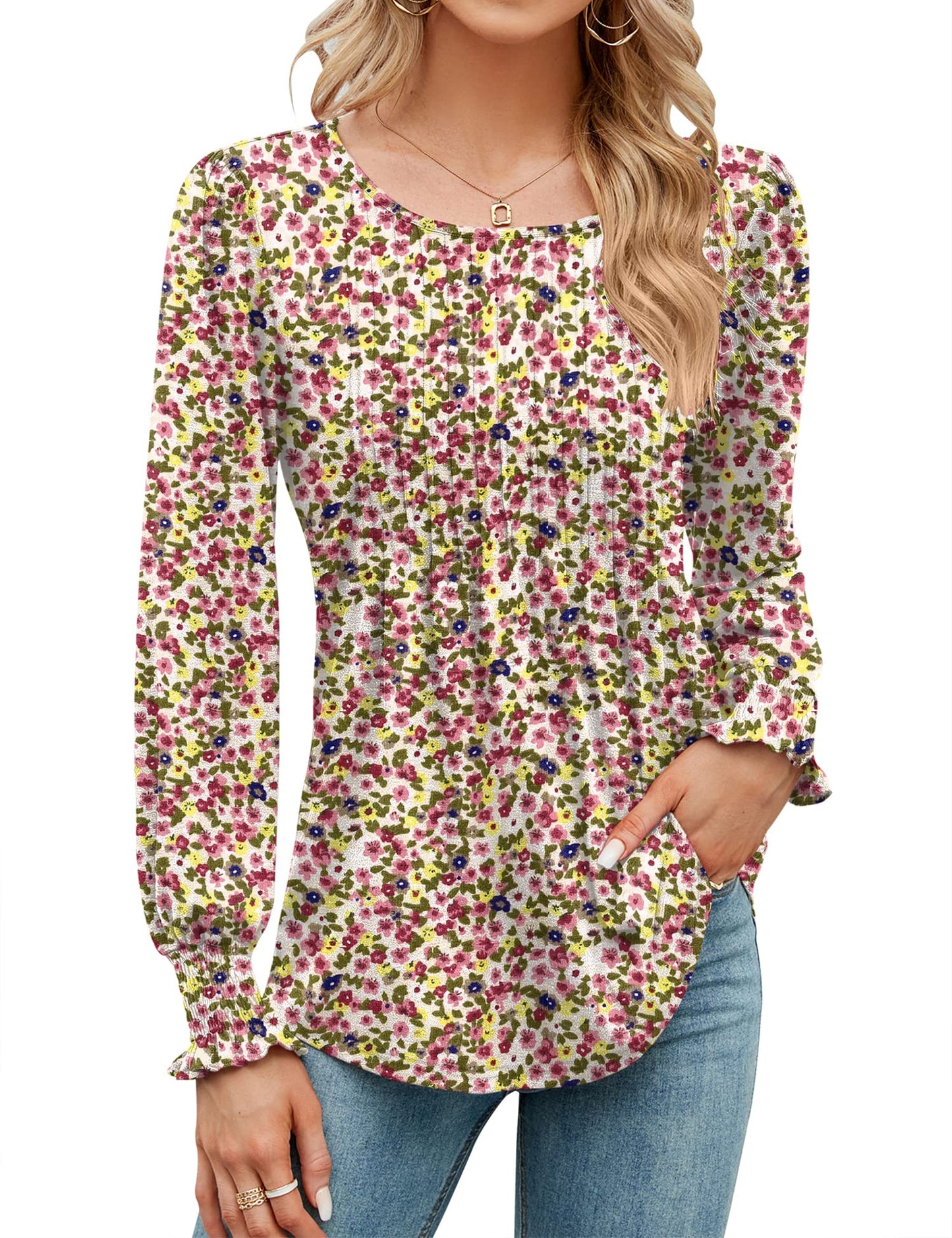 ✨Puff Long Sleeve Pleated Crew Neck Tunic Top