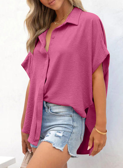 ⏰Hot Sale-Women's Casual Button Short Sleeve Slit Hem Shirt Solid Color Tops