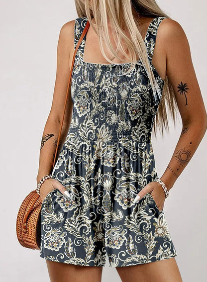 Women's Casual Sleeveless Floral Jumpsuit Cute Romper with Pockets