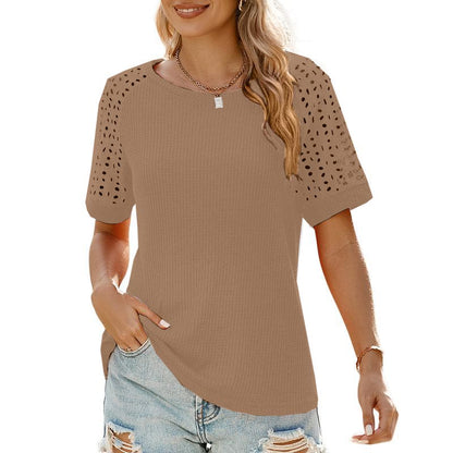 ✨Women Casual Round Neck Waffle Grid Patchwork Hollow Out Embroidered T-Shirt