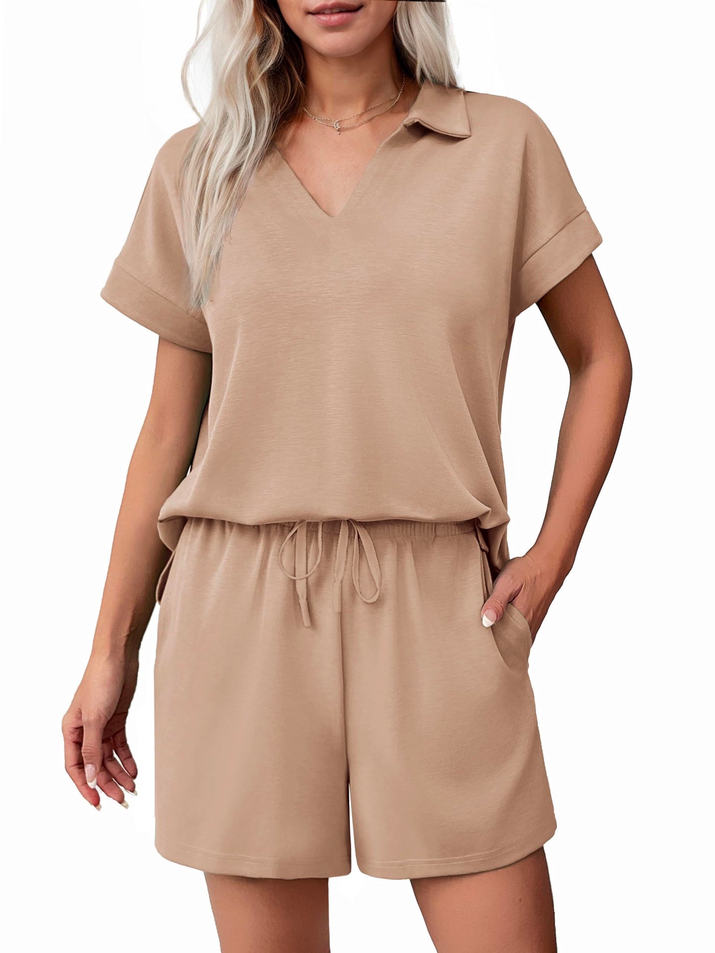 ✨Women Summer Lounge Sets Short Sleeve Sweatshirt V-neck Tops and Drawstring Shorts Outfits Tracksuit