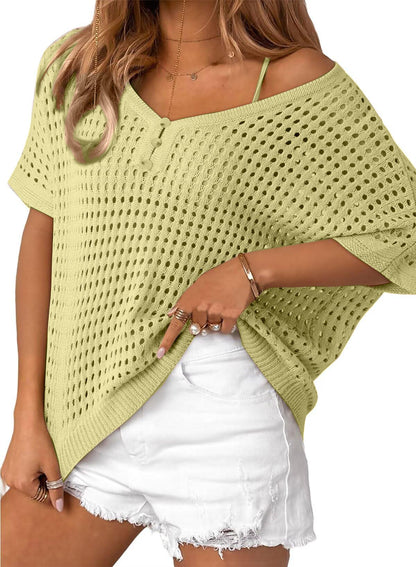 ✨Womens Summer V Neck Short Sleeve Button Down Sweater Casual Crochet Hollow Out Knit Tops Beach Coverup