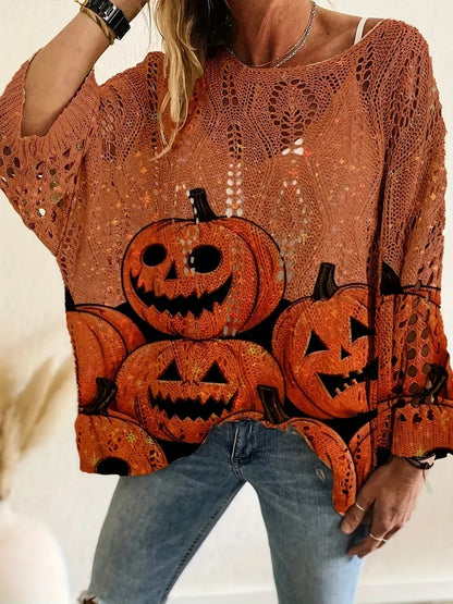 ⏰Hot Sale-Halloween Crew Neck Pumpkin Loose Fit Long Sleeve Cutout Sweater