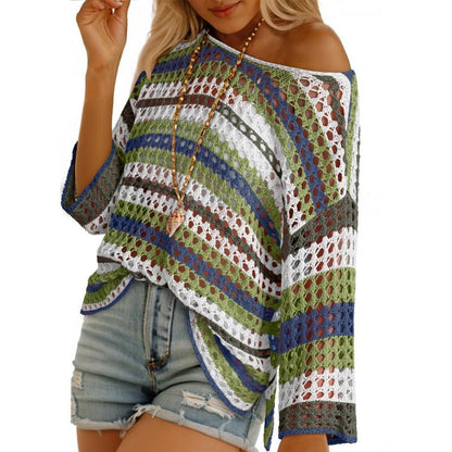 Womens Spring Summer 3/4 Sleeve Crochet Sweater Hollow Out Color Block Striped Tops