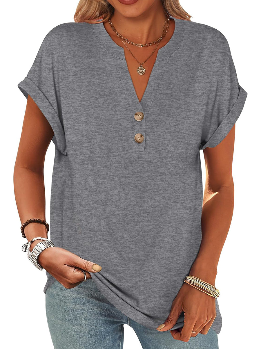 ✨Women's V Neck Button Casual Loose Fit Short Sleeve Henley Tops