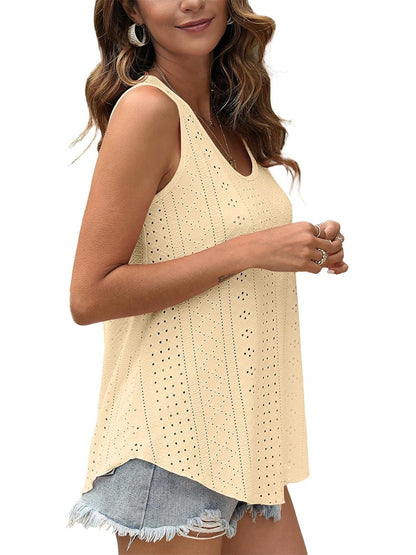 HOT SALE Women's Casual Loose Scoop Neck Wide Strap Eyelet Tank Tops