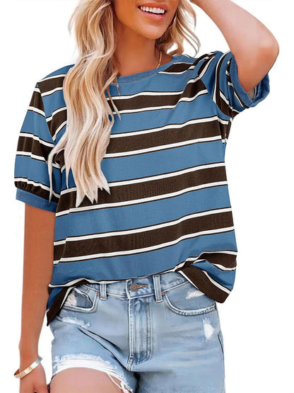 🔥HOT SALE Women's Striped Color Block Short Sleeve T-Shirts Casual Loose Basic Tee