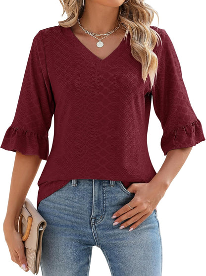 ✨Womens 3/4 Length Sleeve V-Neck Eyelet Casual Ruffle Sleeve Tunic Blouses