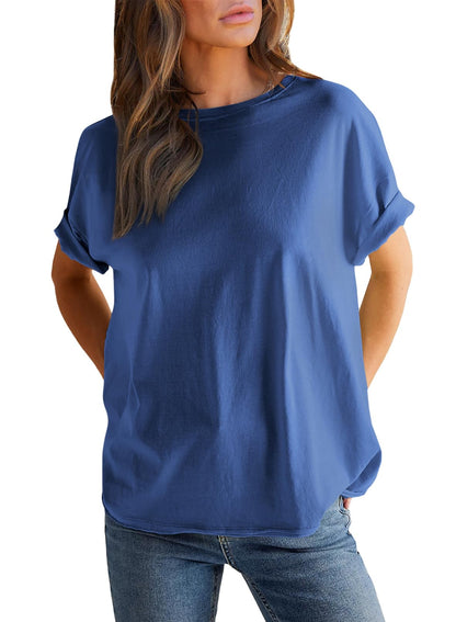 Women’s Round neck solid color short sleeve back spliced T-shirt cotton tee