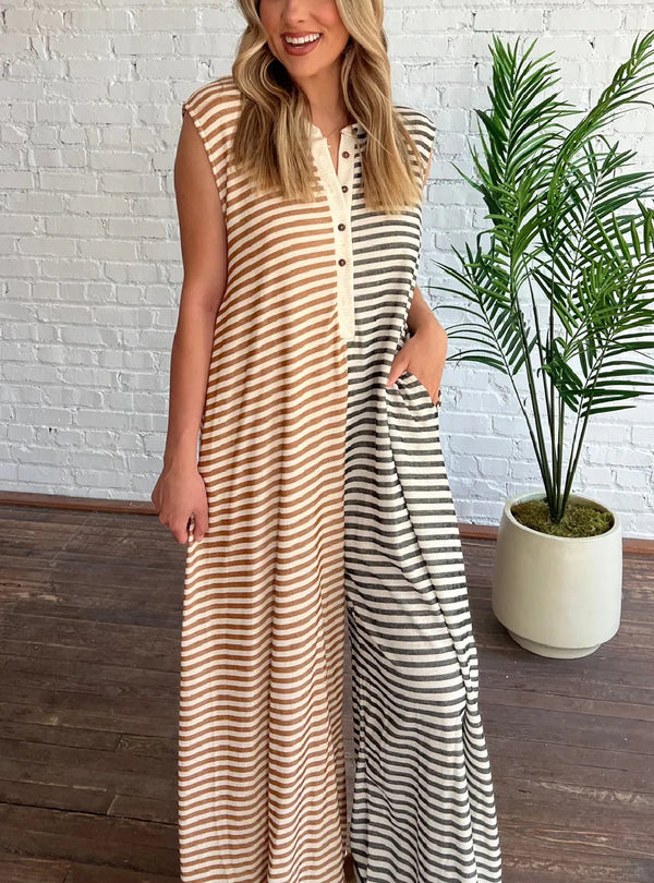 Women's Casual Striped Button-Up Jumpsuit