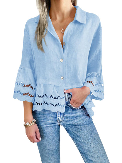 Women‘s Chic Ruffle Hem Blouse with Hollow Out Design