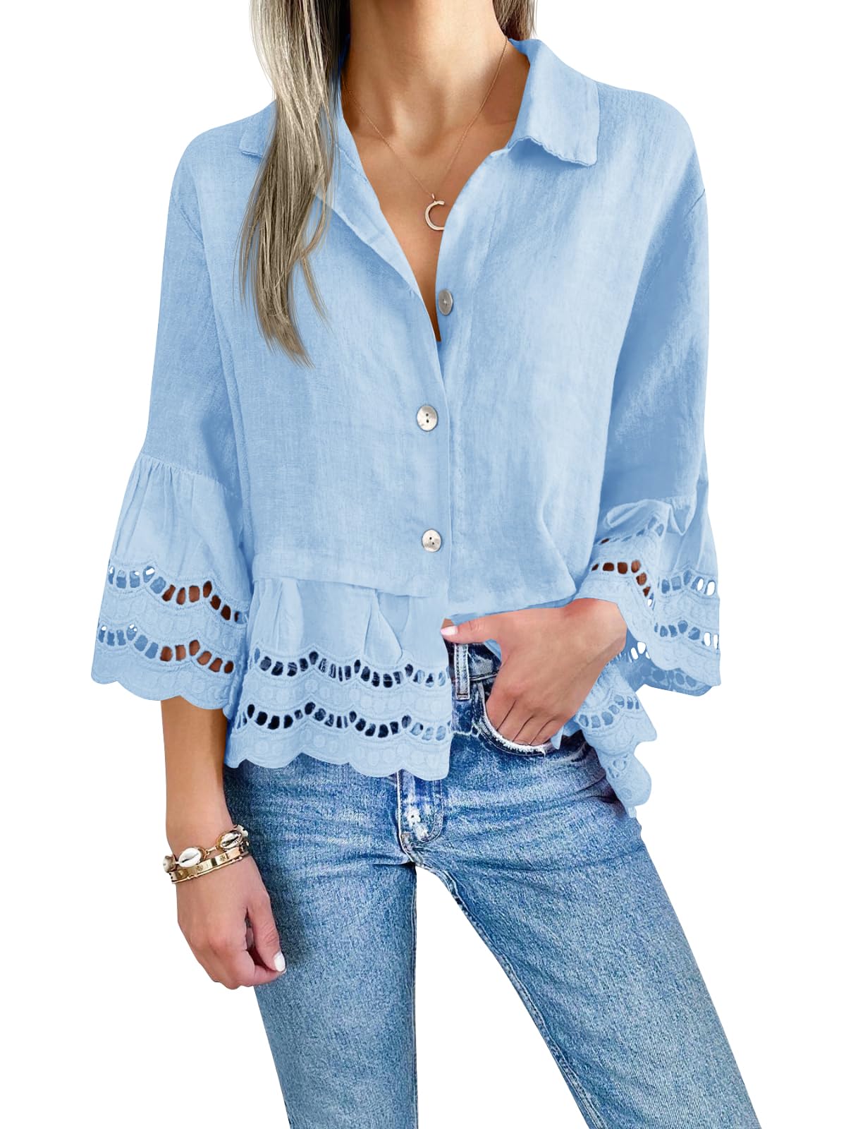 Women‘s Chic Ruffle Hem Blouse with Hollow Out Design